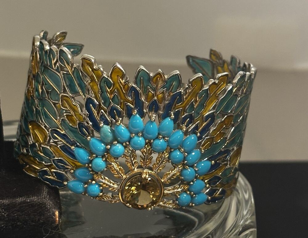 Plique a Jour Enamel/Turquoise/Citrine/Sterling CUFF/BRACELET Signed NH